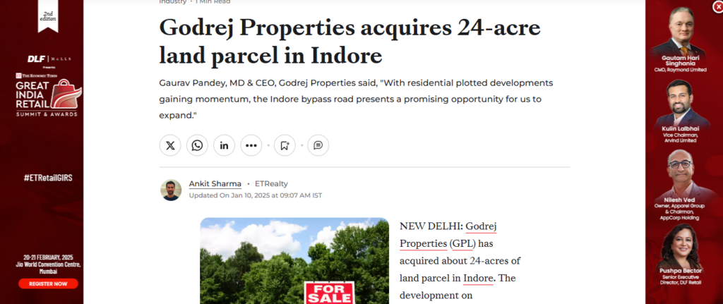 Aerial view of a 24-acre land parcel in Indore, India, marked for residential development.